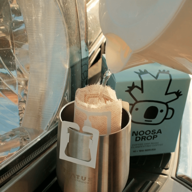 Noosa Drop drip bags setup on beach